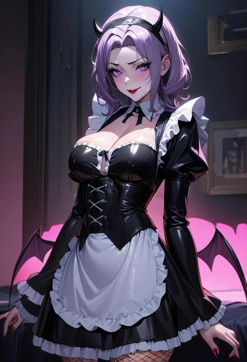1 mature and seductive woman,(Detailed Description,Incredibly absurd,High resolution,8k wallpaper,masterpiece,Highest quality,Depth of region,Anatomically accurate depiction,A face with attention to detail, Eye for detail),(Glowing Skin,Shiny skin,Oilskin),((Succubus disguised as a maid)),(black and white maid outfit,Maid Skirt,corset,Headband,Fishnet tights),eyelash,(Luminous purple eyes,Eyes of Madness,There is cleavage in the chest,Bewitching Smile,Glossy red lipstick,Seductive gestures,I can see the tongue),Sweat,(whole body),(background:Bedroom at night),Pink air,Devil&#39;s Wings,(From below:1.2)