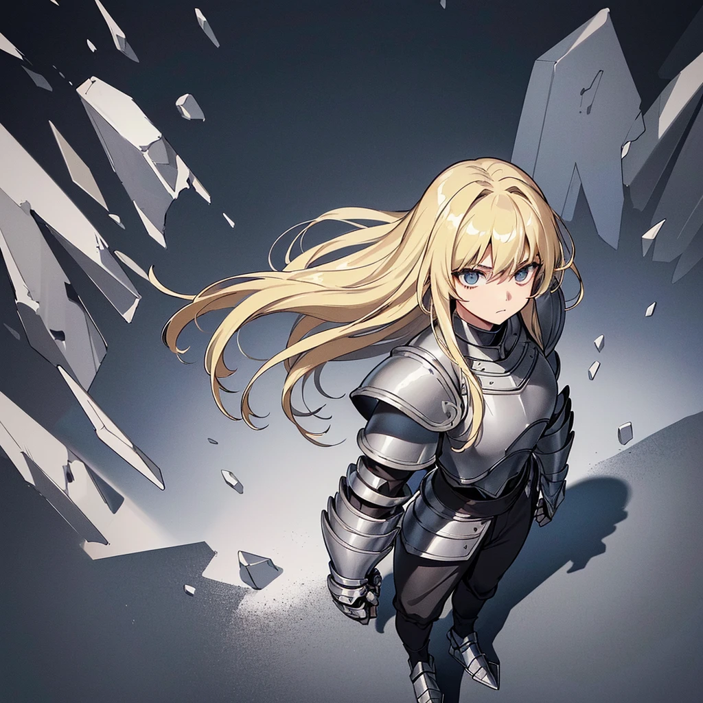 (((Solo)))、(Full body character concept)、Highest quality, Best Quality、(((Simple grey armor、Black trousers))、(woman、18-year-old)、(Blonde、Long Hair)、(Simple Background)、(Expressionless)、(From above)、Intense light、、meteor、Movement angle、(From above)、Are standing、Looking into the distance