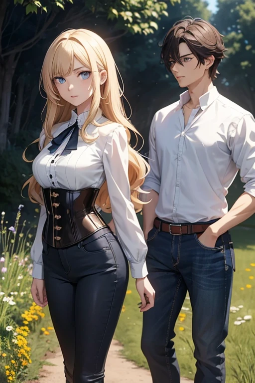 Anime style scene with a 21-year-old female character with a mature face, arching her back, and an adolescent boy standing behind her, looking at her. The woman has long, waist-length, wavy blond hair, V bangs, and blue eyes, wearing a white blouse with a chocolate-colored corset over it, skinny tight blue jeans, and high boots. The boy has short dark hair, a slim build, and is wearing casual clothes. They are in a vibrant spring field at midday, with the boy's gaze focused on the woman, creating a dynamic and intriguing atmosphere.
