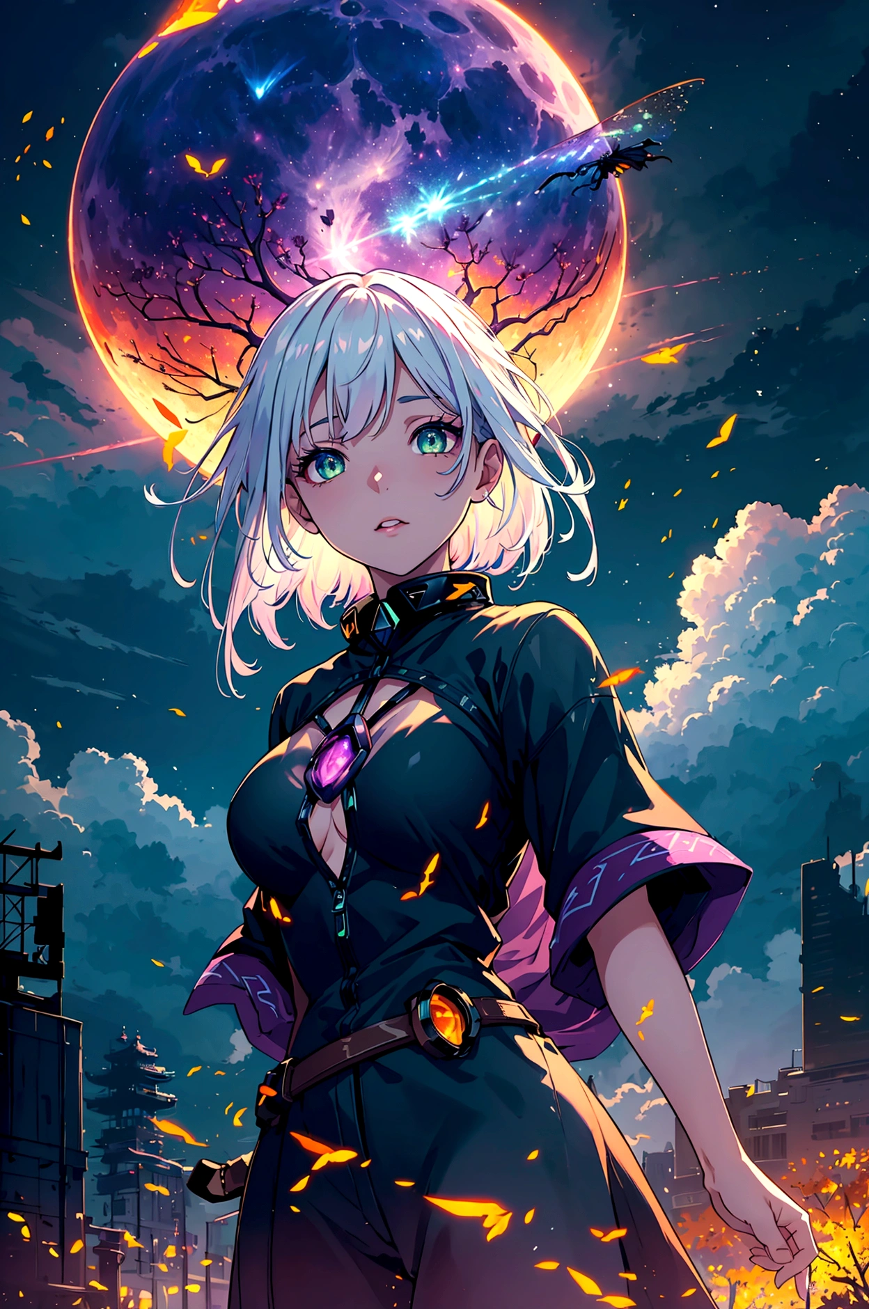 japan, highres, highest quallity, illustration,  ultra detailed, (detailed face), (detailed eyes), soft lighting, best quality, hazy glow, dreamy atmosphere, hyper detailed, masterpiece, 1girl, solo, silver hair, green eyes, knitwear, luminous eyes, medium breasts, (colorful), cowboy shot, from below, outdoors, morning, clouds, tall buildings in background, industrial, public transportation, urban, concrete buildings, concrete, sidewalk, busy, trees, autumn, falling leaves, expansive landscape photograph , (a view from below that shows sky above and open field below), a girl standing on flower field looking up, (full moon:1.2), ( shooting stars:0.9), (nebula:1.3), distant mountain, tree BREAK production art, (warm light source:1.2), (Firefly:1.2), lamp, lot of purple and orange, intricate details, volumetric lighting BREAK (masterpiece:1.2), (best quality), 4k, ultra-detailed, (dynamic composition:1.4), highly detailed, colorful details,( iridescent colors:1.2), (glowing lighting, atmospheric lighting), dreamy, magical, (solo:1.2)