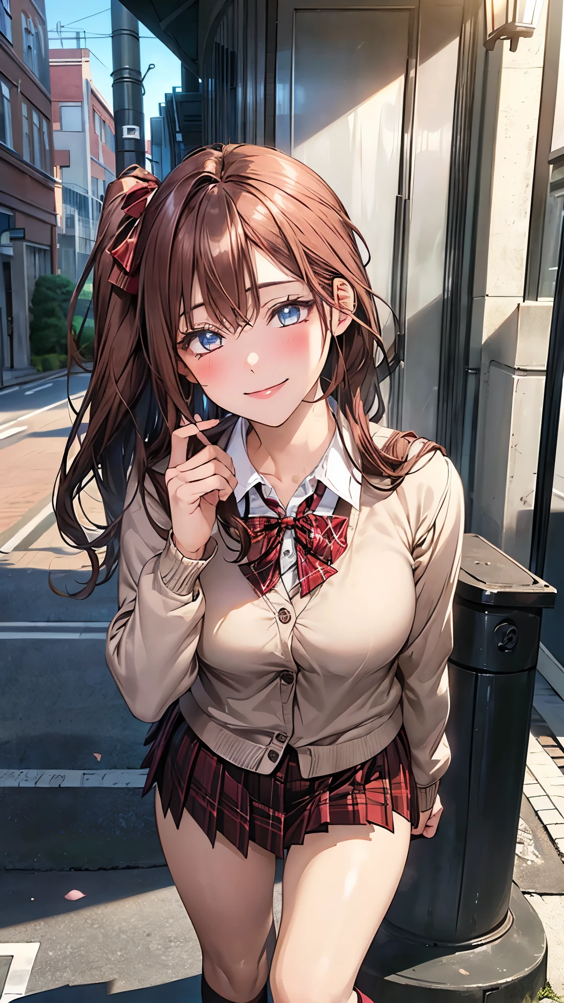 (masterpiece:1.2, top-quality), (realistic, photorealistic:1.4), beautiful illustration, (natural side lighting, movie lighting), nsfw, 
looking at viewer, 1 girl, japanese, high school girl, ((girl with a sparrow on her hand)), perfect face, cute and symmetrical face, shiny skin, 
(long hair:1.8, side ponytail:1.7, light browm hair), bangs, hair between the eyes, , blue eyes, long eye lasher, (large breasts:0.8, thick thighs), slender, dark red hair ribbon, 
beautiful hair, beautiful face, beautiful detailed eyes, beautiful clavicle, beautiful body, beautiful chest, beautiful thigh, beautiful legs, beautiful fingers, 
(pleated mini skirt, socks, red private school uniform:1.2, light pink cardigan, red plaid pleated skirt, red plaid bow tie, red checked hair ribbon), pink panties, 
(beautiful scenery), dawn, (lamp post, sidewalk), standing, leaning forward, (lovely smile, open mouse slightly), 