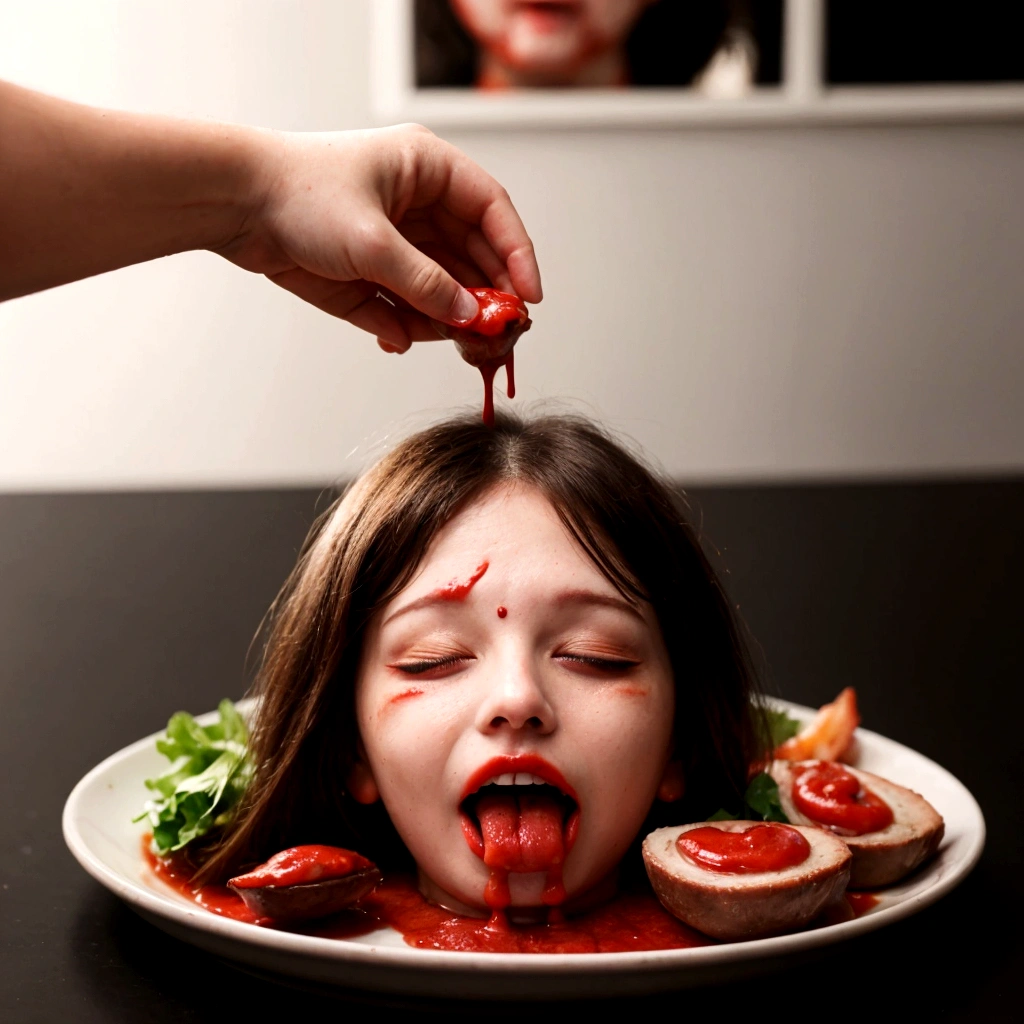 decapitated female head on a plate, covered in flesh, full of blood, ((eyes closed)), served like a food dish, bloody, photorealistic, 4K, Nikon, horror, ahegao face, hyper realistic