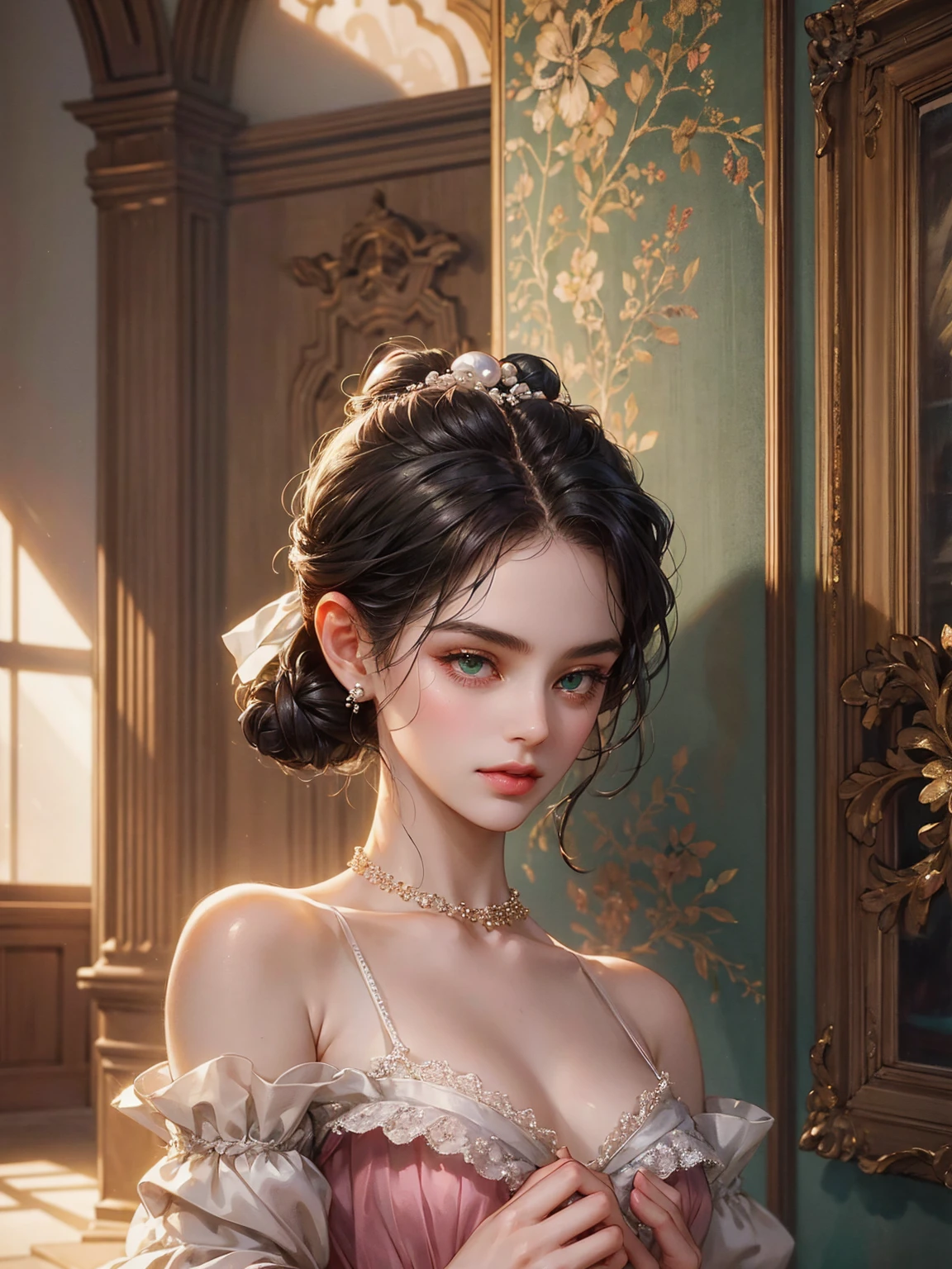 hightquality、hight resolution、masterpiece、foco nítido、Photorealsitic、photographrealistic、Raw photography、lighting like a movie、face lights、3/5 shots、Photorealistic portrait of stunningly beautiful woman、Highly detailed brown eyes、detailed symmetric realistic face、Highly detailed natural textures、ighly detailed、finely detail、richly colored、ultra realistic textures、dramatic lighting、Straight hairstyle、A dark-haired、glistning skin、A smile、closes mouth、Off-shoulder see-through white long dress、a necklace、Earring、Gold bangles、hyperdetailed face、A detailed eye、watching at viewers、Luxurious rooms in the palace、Highly detailed facial and skin texture、Focus on the face、Detailed hand depiction、Sitting on Stool