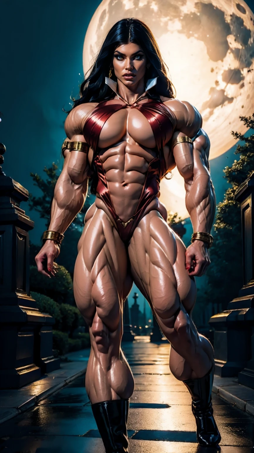 Megan fox as Vampirella, (wearing a red vampirella outfit:1.25), (muscular physique, pale skin, red glowing eyes:1.25), walking down a cemetery on a moonlit night, full moon, dark gothic atmosphere, thin legs, Realistic, Very detailed face and eyes, (masterpiece:1.1), (best quality:1.1), (ornate:1.1), (beautiful girl face:1.25)