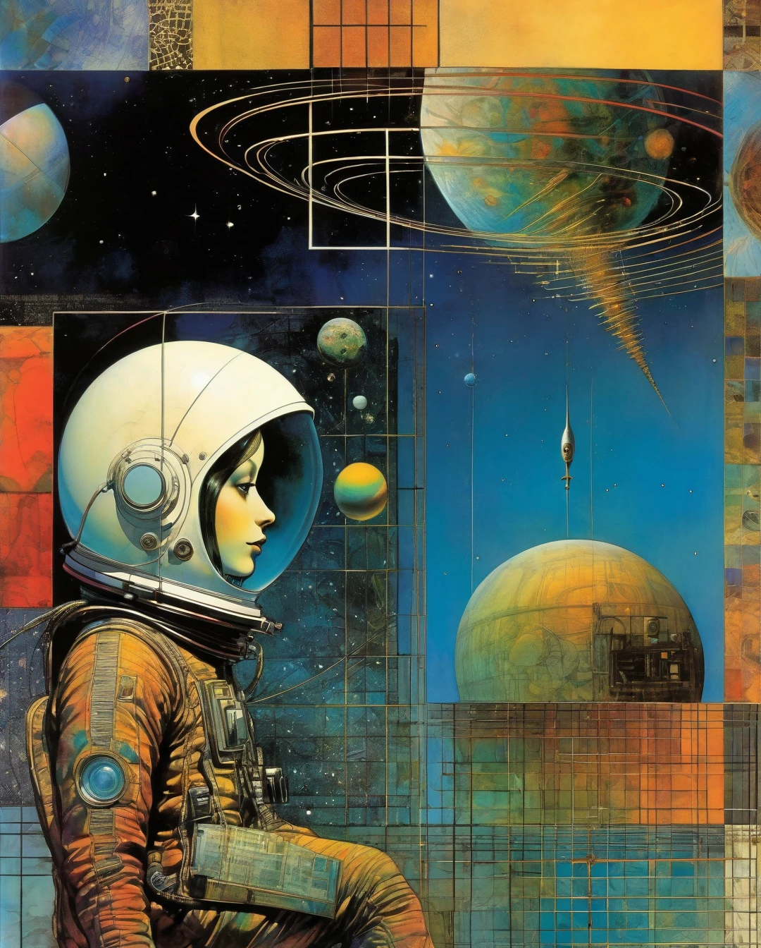 the cover of an artbook for
astronaut, in the style of
psychedelic surrealism:,
modernist grids, 1970–present,
holography, renaissance
perspective and anatomy, vhs,
perspective rendering, (Dave Mckean inspired art, intricate details, oil painting)