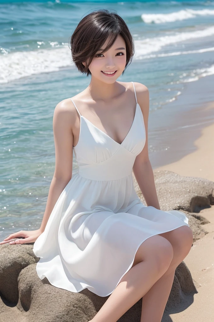 (masterpiece, best quality:1.2), Vertical photo with ultra wide-angle lens, an adult woman wearing a resort dress is walking on the sandy beach, her head is in the center of the screen, her feet are at the bottom of the screen, The sun is shining at the top of the screen, A row of palm trees can be seen in the distance, The shadows are created by correctly tracing the sunlight. photorealistic, photographic style,