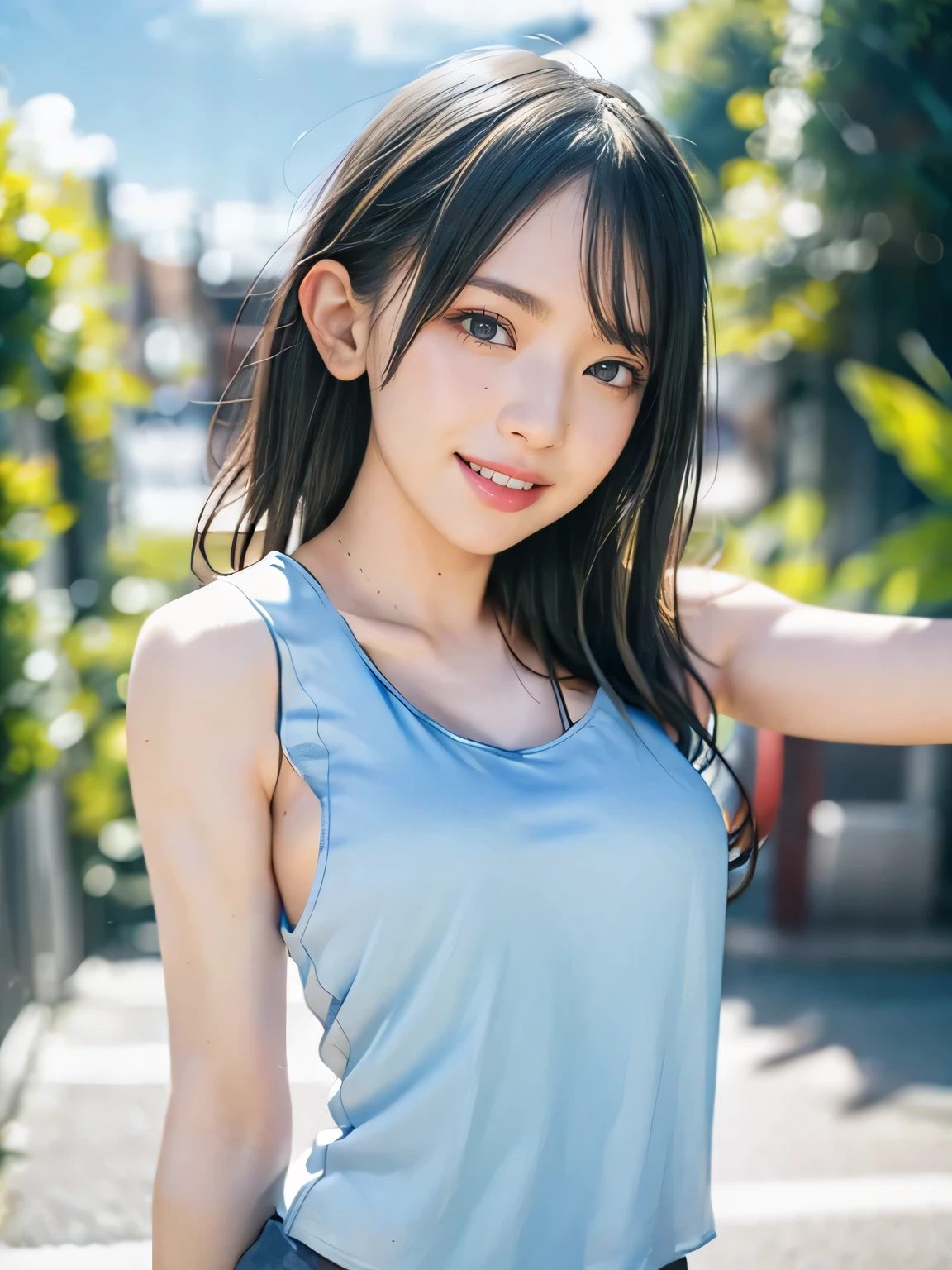 1girl, woman, 25 years old woman, girl in summer clothes, beautiful, medium breasts, flirtatious look, ((very detailed)), photorealistic image, high res, ((tanktop jersey:1.78)), looking at viewer:1.8, (1girl eyes looking at viewer:1.55), camisole, Plain costumes, Simple Background, Emphasis on the chest, Hands behind the body, White outfit, whole body, Raise your arms and show your armpits, show your armpits, hands behind head, beautiful armpits, waki, photorealistic, (bokeh), best quality, 8k, UHD