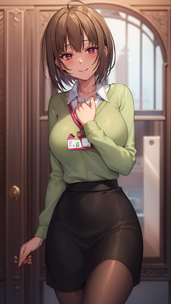 2D, masterpiece, highest quality, anime, highly detailed face, highly detailed eyes, highly detailed background, perfect lighting, whole body, 1 girl, alone, Harusaki Nodoka, collared shirt, Green sweater, black skirt, pantyhose, ID card, embarrassing, smile, Are standing, office 