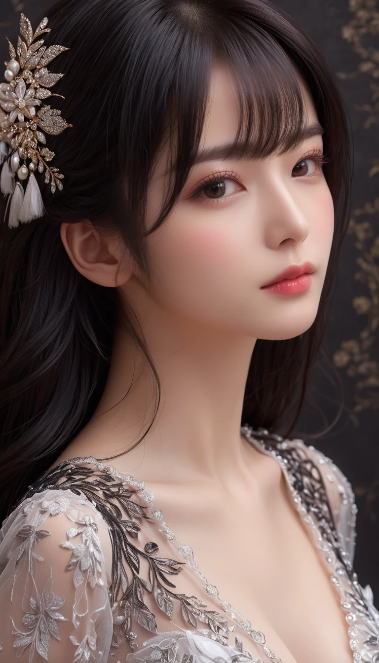 ((最大16K解像度のmasterpiece:1.6)),beautiful,Highest quality,Absolutely wonderful,Very detailed,Ultra-high resolution,masterpiece,Realistic,Realistic,Increased depth of field,Cinematic Light,
One elegant mature woman, Long black hair,beautiful顔,Very detailedな顔の表現,Face with a gentle expression,Transparent white skin,Very delicate skin texture,Great proportions,Anatomically correct body,
Elegant high slit dress,Gorgeous colors,Gorgeous and detailed pattern,Beautifully detailed pattern,Detailed cloth texture,
Black Background,
Focus on the upper body,((Face close-up:1.5)),