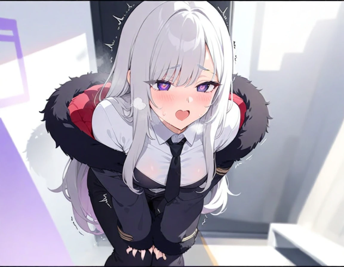 (Highest quality), (High resolution), (masterpiece), (Super detailed), Silver Hair, Long Hair, Blue and purple eyes, Blue Archive Art Style, One girl, Silky skin, Shiny skin, An athletic body, blush, Heavy breathing, chest, (Black long coat, White shirt, Black tie, Black trousers), Front view, (Bright saturation), Sexual pose, Spread your legs wide apart, Dripping love juice, Heart Pupil, Expression of pleasure, Trembling with sexual climax, Heavy breathing, Inside the room