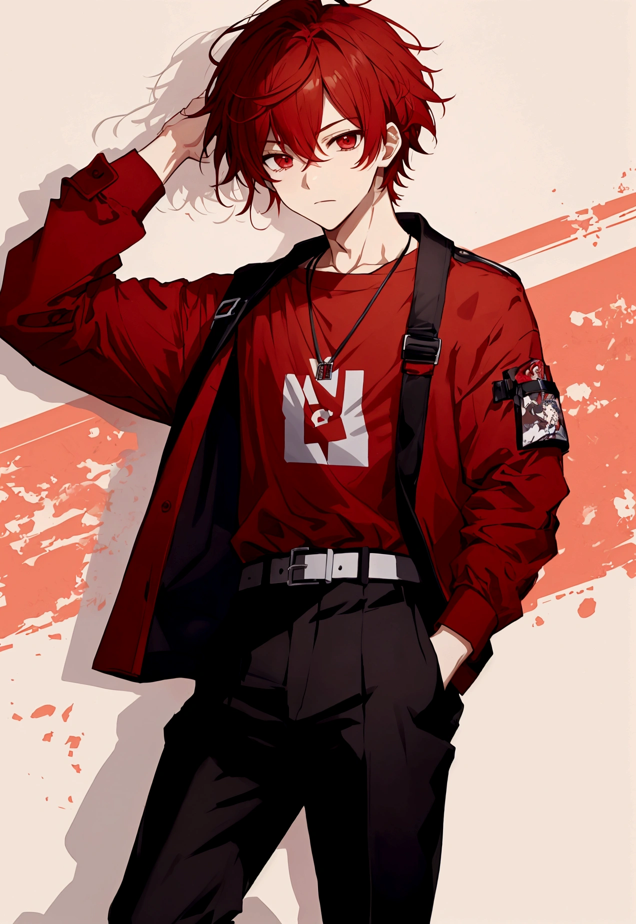 A boy around high school age with red hair, wolf ears, a baggy red open hoodie that shows off his shoulders, pointing with his right index finger and making a &quot;Bakkyuu&quot; gesture with his left hand