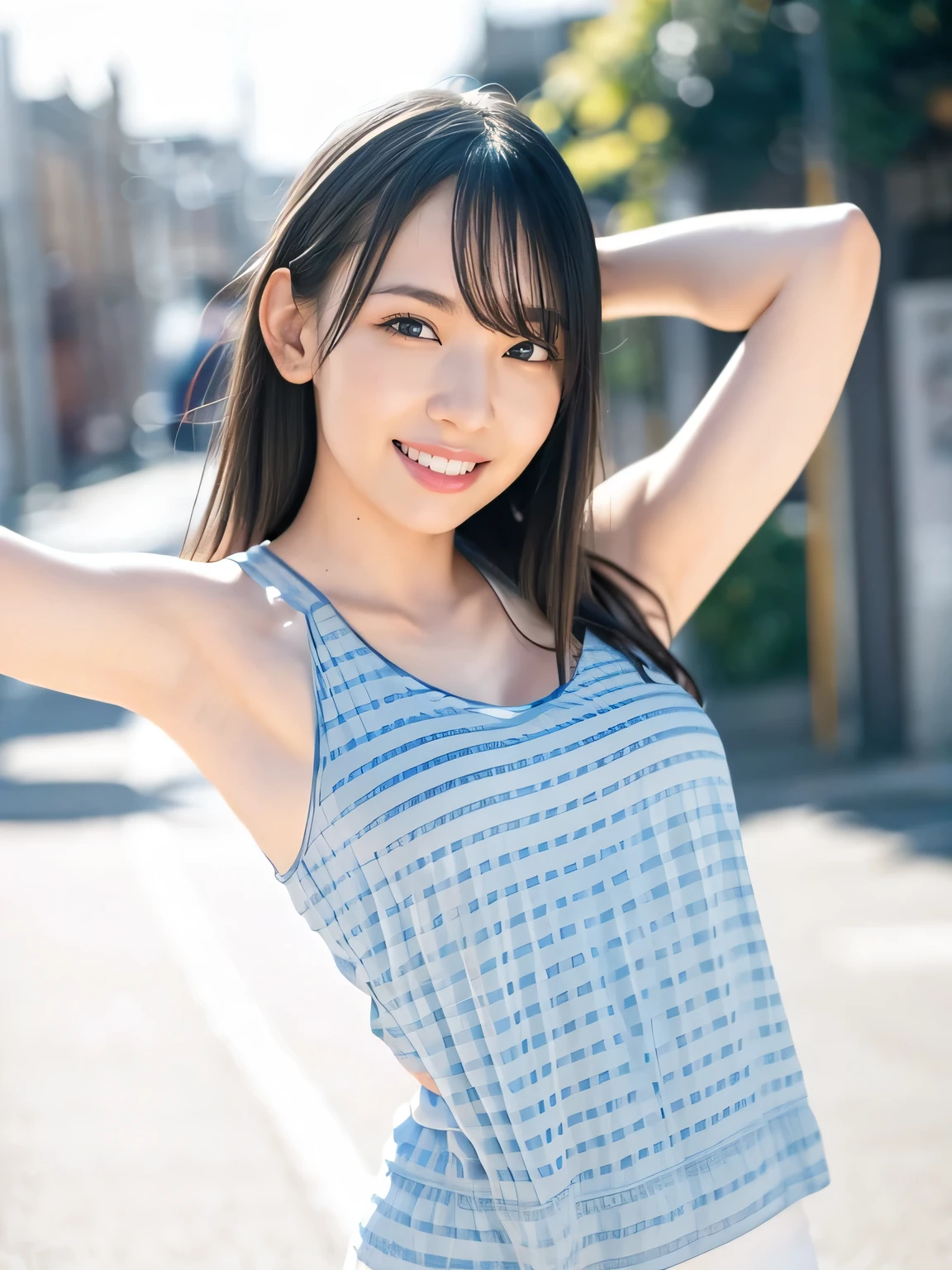 1girl, woman, 25 years old woman, girl in summer clothes, beautiful, medium breasts, flirtatious look, ((very detailed)), photorealistic image, high res, ((tanktop jersey:1.78)), looking at viewer:1.8, (1girl eyes looking at viewer:1.55), camisole, Plain costumes, Simple Background, Emphasis on the chest, Hands behind the body, White outfit, whole body, Raise your arms and show your armpits, show your armpits, hands behind head, photorealistic, (bokeh), best quality, 8k, UHD