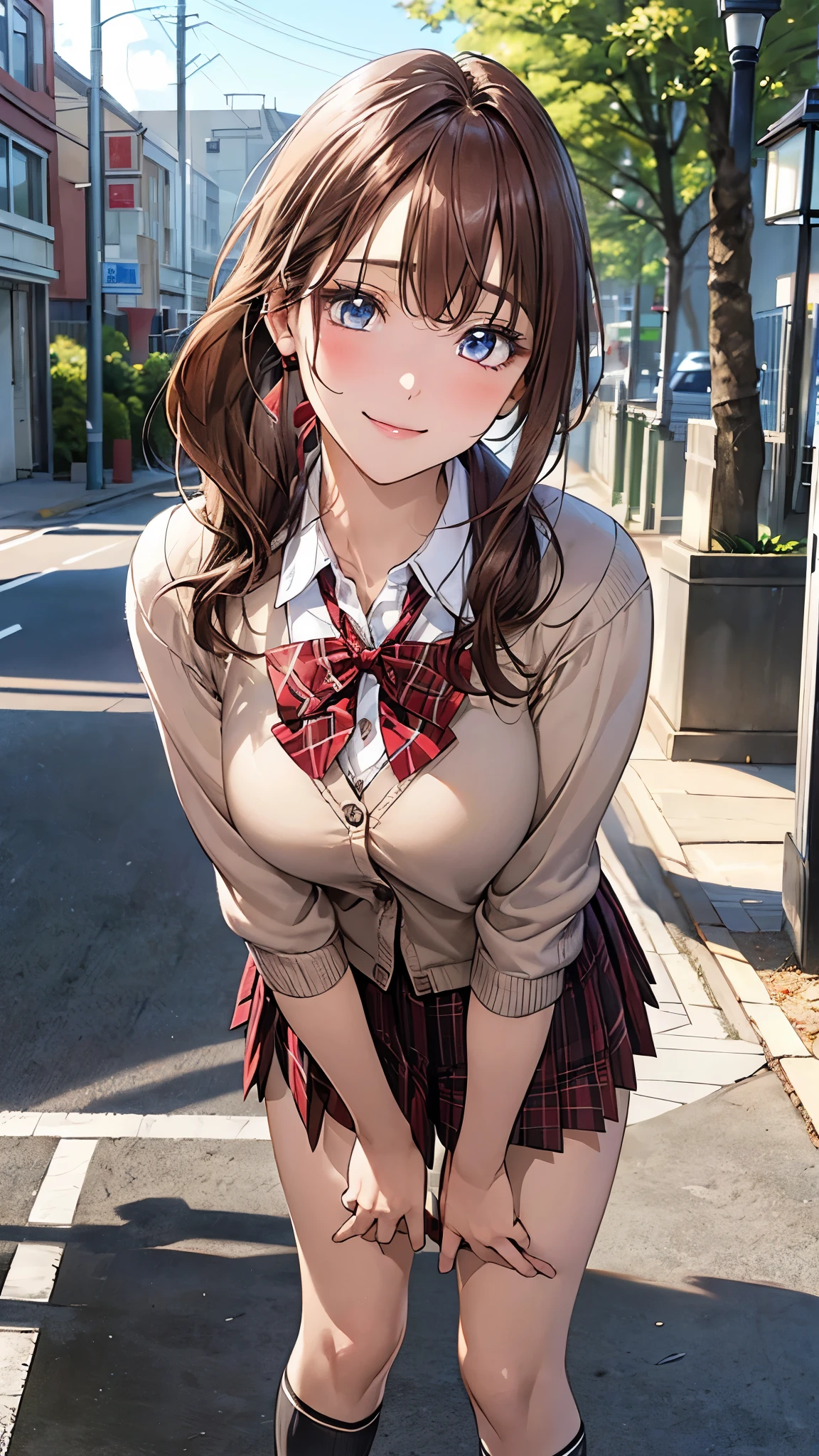 (masterpiece:1.2, top-quality), (realistic, photorealistic:1.4), beautiful illustration, (natural side lighting, movie lighting), nsfw, 
looking at viewer, 1 girl, japanese, high school girl, ((girl with a sparrow on her hand)), perfect face, cute and symmetrical face, shiny skin, 
(long hair:1.8, side ponytail:1.7, light browm hair), bangs, hair between the eyes, , blue eyes, long eye lasher, (large breasts:0.8, thick thighs), slender, dark red hair ribbon, 
beautiful hair, beautiful face, beautiful detailed eyes, beautiful clavicle, beautiful body, beautiful chest, beautiful thigh, beautiful legs, beautiful fingers, 
(pleated mini skirt, socks, red private school uniform:1.2, light pink cardigan, red plaid pleated skirt, red plaid bow tie, red checked hair ribbon), pink panties, 
(beautiful scenery), dawn, (lamp post, sidewalk), standing, leaning forward, (lovely smile, open mouse slightly), 