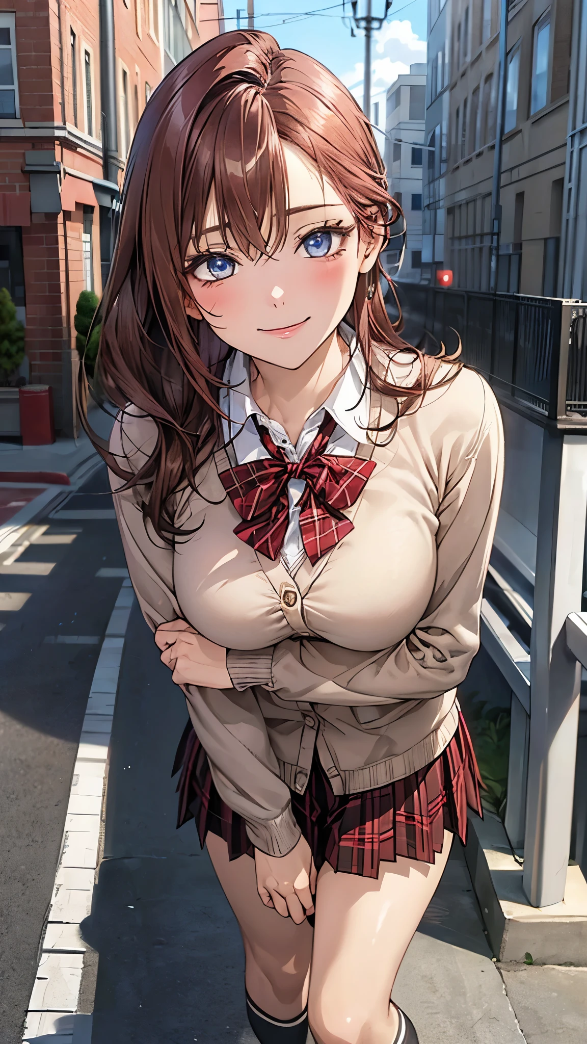 (masterpiece:1.2, top-quality), (realistic, photorealistic:1.4), beautiful illustration, (natural side lighting, movie lighting), nsfw, 
looking at viewer, 1 girl, japanese, high school girl, ((girl with a sparrow on her hand)), perfect face, cute and symmetrical face, shiny skin, 
(long hair:1.8, side ponytail:1.7, light browm hair), bangs, hair between the eyes, , blue eyes, long eye lasher, (large breasts:0.8, thick thighs), slender, dark red hair ribbon, 
beautiful hair, beautiful face, beautiful detailed eyes, beautiful clavicle, beautiful body, beautiful chest, beautiful thigh, beautiful legs, beautiful fingers, 
(pleated mini skirt, socks, red private school uniform:1.2, light pink cardigan, red plaid pleated skirt, red plaid bow tie, red checked hair ribbon), pink panties, 
(beautiful scenery), dawn, (lamp post, sidewalk), standing, leaning forward, (lovely smile, open mouse slightly), 