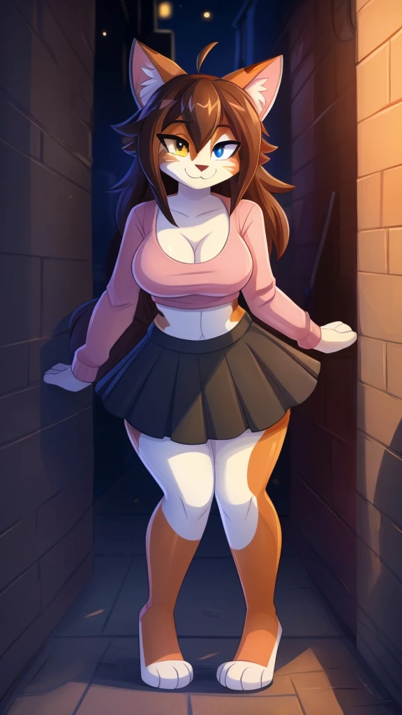 by Kilinah, de Coffeesoda, by hioshiru, by Kilinah, uploaded e621, appealing and detailed portrait of a woman (((female))) anthro cat boy, Zenemic Lighting, seducer, bl, cat boy, thick-thighs, large breasted, all-body, appealing, Messy hair, chestnut hair, eye white, thick, standing alone, standing, long hair, 2 tone hair ((branco | black)), cat boy ears,  tabas, tabas, thick-thighs, Calico cat boy, heterochromia ((putridity | blue)), micro-biquíni black, black skirt, dark alley, he finished, moletom detalhado, peitos enormes, coxas grossas, coleira de cachorro 