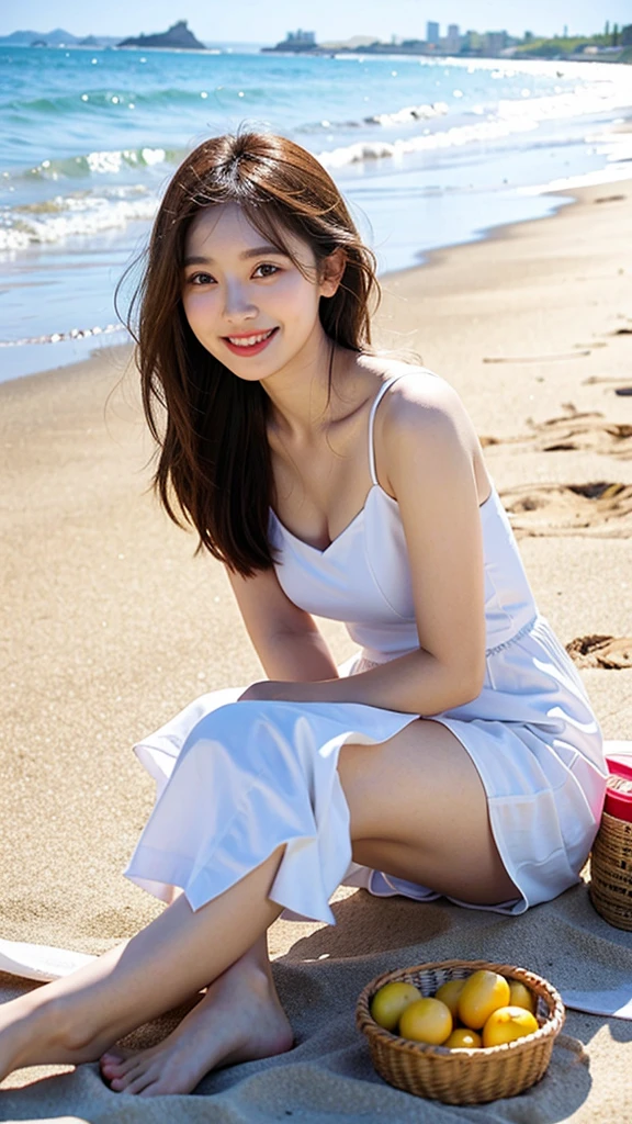 1 pretty girl,white skinned,brown hair,summer dress,looking at viewer,pony tails,ocean,Brown eyes,Realistis,small chest,Medium breasts,happy smile,low chest,Above the knee frame, in love, romantic