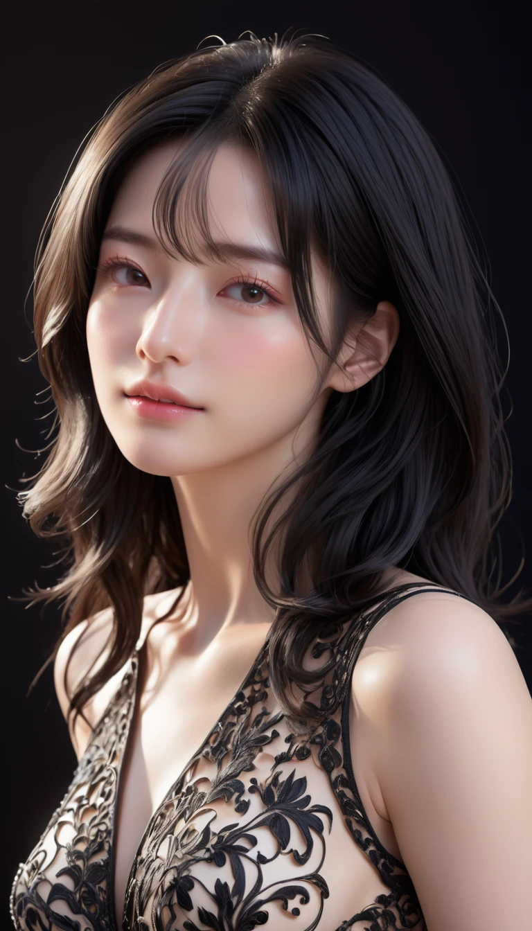 ((最大16K解像度のmasterpiece:1.6)),beautiful,Highest quality,Absolutely wonderful,Very detailed,Ultra-high resolution,masterpiece,Realistic,Realistic,Increased depth of field,Cinematic Light, 
One elegant mature woman, Long black hair,beautiful顔,Face with a gentle expression,Transparent white skin,Very delicate skin texture,Great proportions,Anatomically correct body, 
high slit dress,Gorgeous colors,Gorgeous and detailed pattern,Beautifully detailed pattern,Detailed cloth texture,
Black Background,
(Focus on the face:1.5),Face close up,Portrait Shot,