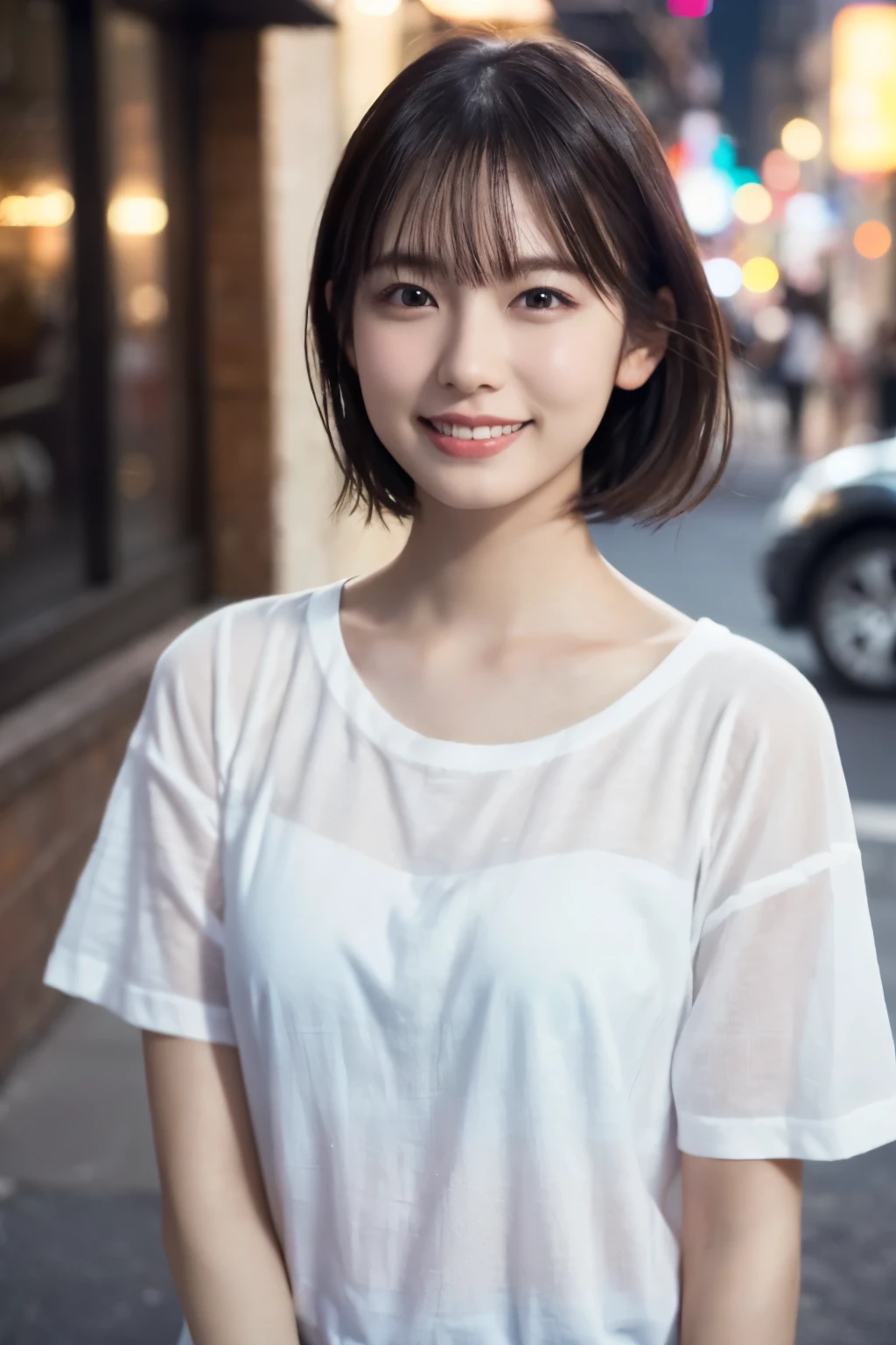 1 Girl, (Wearing a white T-shirt:1.2), Very beautiful Japanese idol portraits, 
(RAW Photos, Highest quality), (Realistic, Realistic:1.4), (masterpiece), 
Very delicate and beautiful, Very detailed, 2k wallpaper, wonderful, finely, Very detailed CG Unity 8K wallpaper, Very detailed, High resolution, Soft Light, 
Beautiful detailed girl, Very detailed目と顔, Beautiful and sophisticated nose, Beautiful and beautiful eyes, Cinema Lighting, 
(Fashion magazine photography:1.3), (Outdoor), (Downtown lights), 
(short hair), 
Complete Anatomy, Slender body, Small breasts, smile