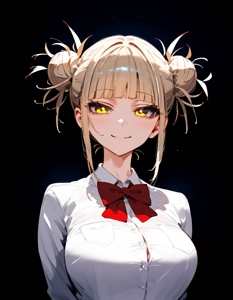 anime artwork, score_9, score_8_up, score_7_up, score_6_up, score_5_up, score_4_up, Himiko toga, big breasts, she is 24 years old, style_3, ,,, yellow eyes , , , , _, , s. sit,school outfit, black background