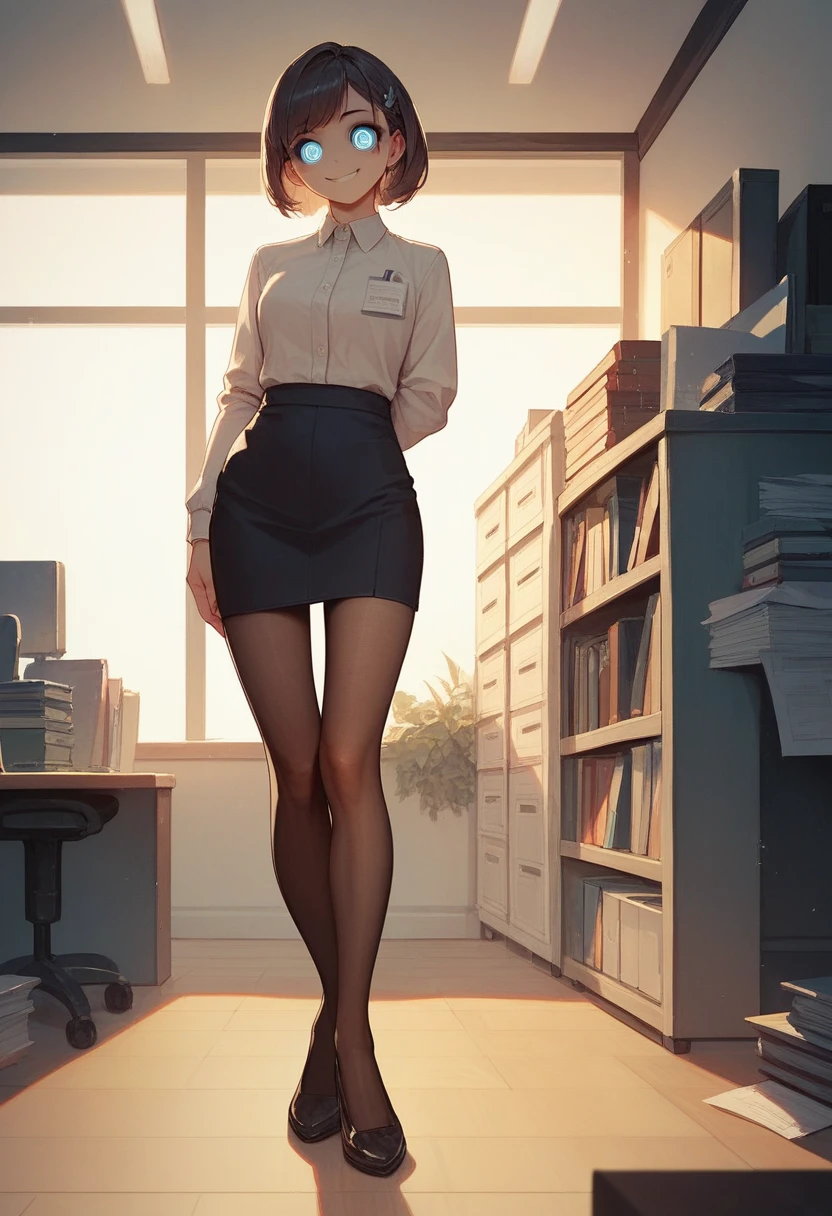 2D, masterpiece, best quality, Japanese cartoons, Highly detailed face, Very detailed eyes, Very detailed background, Perfect lighting, whole body, 1 girl, Solitary,  Pantyhose, Embarrassing, Smile, Standing, office ，foot