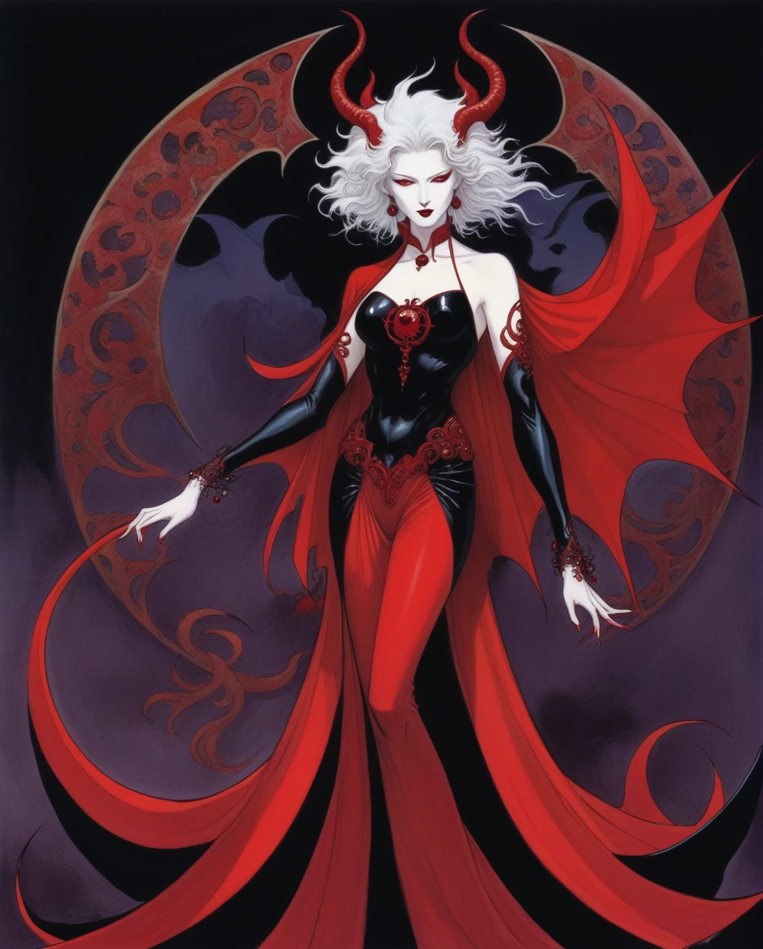anime character with red and white hair and a red cape, djinn woman female demon, female djinn woman demon hybrid, an epic anime of a energy woman, full body devil woman, demon female, demon hero, human female demon, emitting evil red aura, fire!! full body, full body savage devilwoman, woman female demon, demon girl, pain from naruto