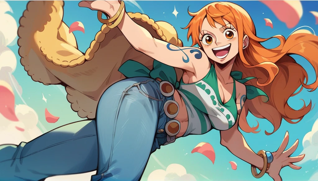 Nami one piece, happy face,(orange eyes),(jeans)