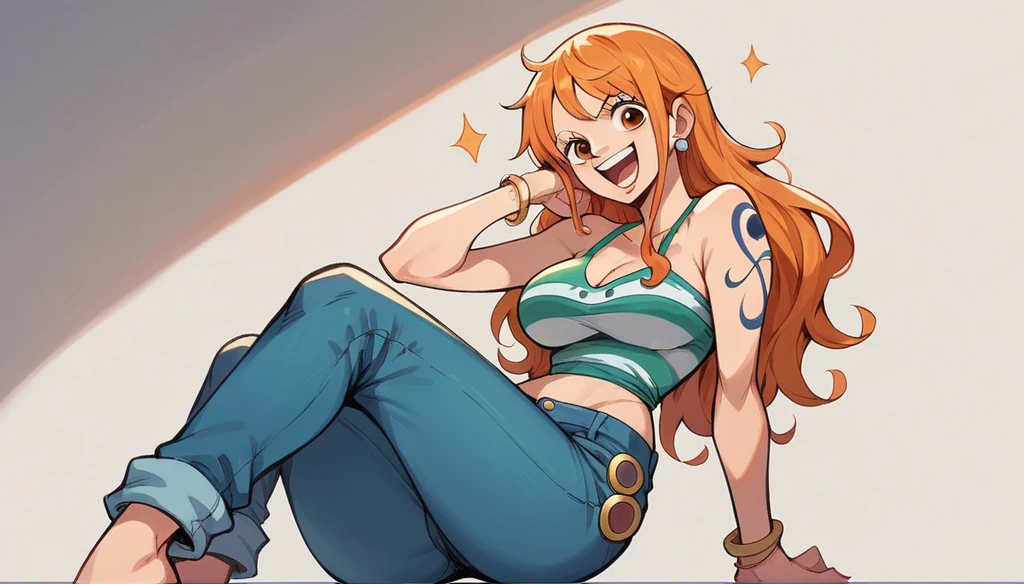 Nami one piece, happy face,(orange eyes),(jeans)