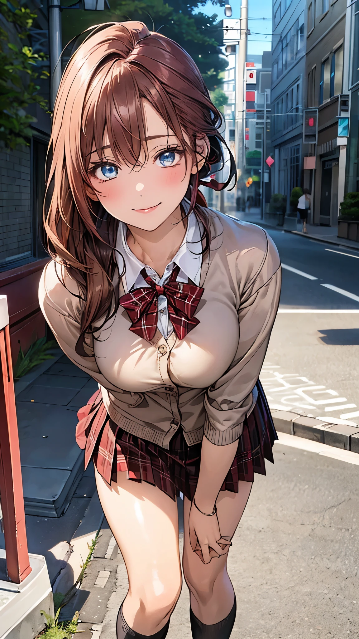 (masterpiece:1.2, top-quality), (realistic, photorealistic:1.4), beautiful illustration, (natural side lighting, movie lighting), nsfw, 
looking at viewer, 1 girl, japanese, high school girl, ((girl with a sparrow on her hand)), perfect face, cute and symmetrical face, shiny skin, 
(long hair:1.8, side ponytail:1.7, light browm hair), bangs, hair between the eyes, , blue eyes, long eye lasher, (large breasts:0.8, thick thighs), slender, dark red hair ribbon, 
beautiful hair, beautiful face, beautiful detailed eyes, beautiful clavicle, beautiful body, beautiful chest, beautiful thigh, beautiful legs, beautiful fingers, 
(pleated mini skirt, socks, red private school uniform:1.2, light pink cardigan, red plaid pleated skirt, red plaid bow tie, red checked hair ribbon), pink panties, 
(beautiful scenery), dawn, (lamp post, sidewalk), standing, leaning forward, (lovely smile, open mouse slightly), 