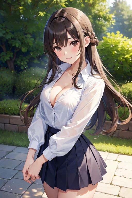 nsfw,
Gaoling loves flowers、Shiny brown hair, Wavy Long Hair、, Beautiful brown eyes、smile、Sparkling eyes, (Fine grain)、Ultra-detailed eyes、Very detailedな顔, Very detailedな目,

masterpiece,Highest quality,High resolution,Very detailed,masterpiece, Highest quality, High resolution, Medium chest、

(Familiar, masterpiece, Highest quality, Complex),

Cowboy Shot, 

1 Girl, alone, backyard、
Cute eyes, Beautiful Face, Perfect round ass, 
Fit and body, Female Pervert,

The jacket is a cute lightweight shirt, Cleavage exposed, 
Beautiful woman in a white shirt and a mini skirt, Super mini tight skirt, smile, 