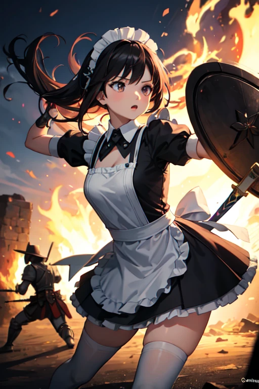 ((Highest quality)), ((masterpiece)), (detailed), One girl, cute, 
Fighting with a sword and shield, Classic maid outfit, 
Burning Battlefield, Western sword, A strong enemy in front of me, 
