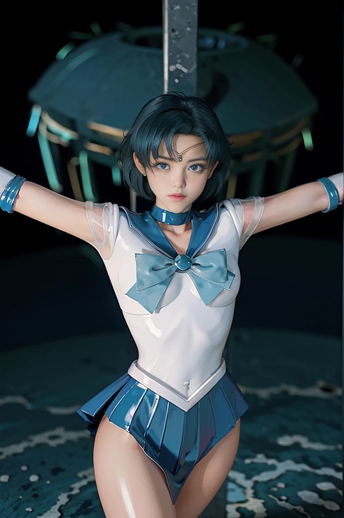 Highest quality，masterpiece，Ultra-high resolution, Very detailed, 8K，(Beautiful woman)，One person，40 years old, (Sailor Mercury), (Facial details, Bright Blue Eyes, Beautiful Face, Beautiful Eyes, Shining Eyes, thin lips, thin, sharp, thin眉毛, length, Black eyelashes, length and thick lower eyelashes, double eyelid), Fluffy blue hair, ((Blue sailor collar, Very tight and shiny uniform)), ((length white latex gloves,Beautiful female hand in white latex gloves)),Shiny Blue Latex Knee High Boots, Stiletto heels,Blue choker、Blue gloves on elbows, ((shiny blue skirt)), Blue Collar, Gold Tiara,Earrings)),Fine Gold Jewelry, skinny, Large Breasts, Perfect proportions, Tight waist, Pores are visible, Beautiful, shiny dark blue hair, Perfect hands, Close fitting high gloss holographic leather,Octane Rendering, Crucifixion，cross，execution，incontinence，Scared，torture，slave，crossにCrucifixionにされた女性,Crucifixion刑