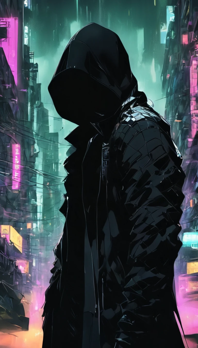 wide and distant shot, ((a man in a black coat with a hood, back to the camera:1.5)), standing on the rainy street, looking at a futuristic city at night, a dark cityscape with neon lights (best qualityer, 4K, 8K , high resolution, work of art: 1.2), ultra detaild (realist, photorrealistic, photorrealistic: 1.37), cinematic lighting, dramatic shadows, temperamental atmosphere, details Intricate, bright city lights, advanced technology, Retro-futuristic architecture, dynamic pose, hood that casts shadows on the face, intense stare