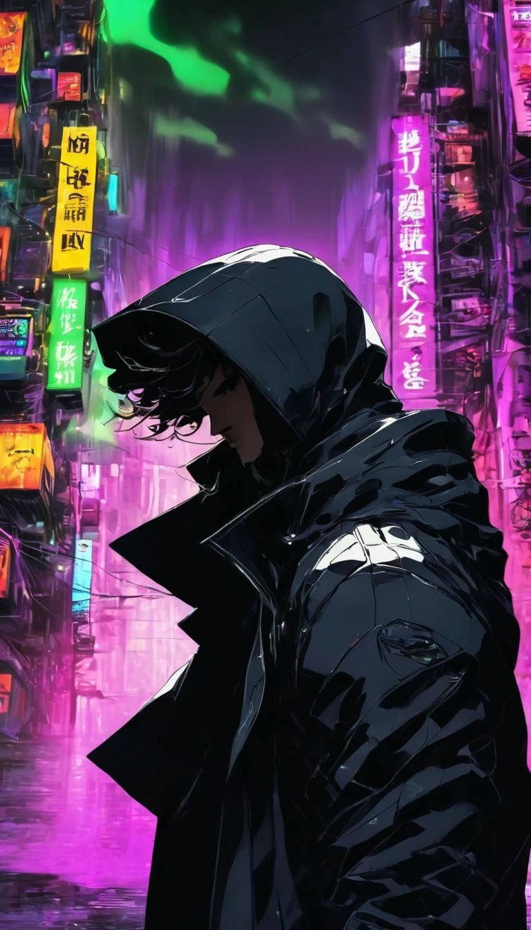 wide and distant shot, ((a man in a black coat with a hood, back to the camera:1.5)), standing on the rainy street, looking at a futuristic city at night, a dark cityscape with neon lights (best qualityer, 4K, 8K , high resolution, work of art: 1.2), ultra detaild (realist, photorrealistic, photorrealistic: 1.37), cinematic lighting, dramatic shadows, temperamental atmosphere, details Intricate, bright city lights, advanced technology, Retro-futuristic architecture, dynamic pose, hood that casts shadows on the face, intense stare