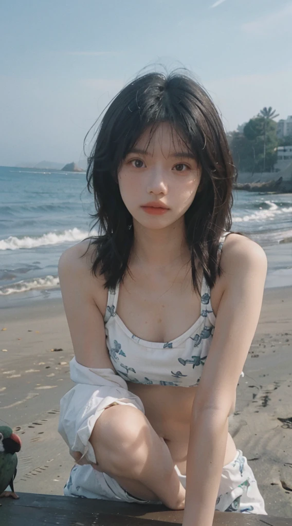 Best quality,Ultra-high resolution,(lifelike:1.4),Cute hairpin,2girll,Short blue hair,jk,Blush,Slim beauty:1.4,Visible abdominal muscles,on the beach,Ultra-fine face,Exquisite eyes,Double eyelids,