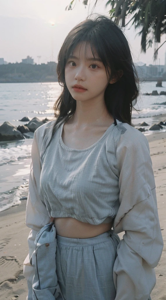 (((Top-down configuration:1.33)))、(((A strong wind is blowing、Her hair and skirt are flying、Kneel, Open shirt:1.68、Pleated skirt、Leaning forward:2.25)))、((No underwear:1.55))、One Girl、Beautiful and detailed eyes and face、barefoot、20 year old cute Japan woman, ((Extremely precise and accurate anatomy:1.0)), (photo Realistic:1.4), (hyper Realistic:1.4), (最高品質のRealisticな肌の質感:1.4), (Improvement of quality:1.4), (Enhances the beauty of skin texture:1.1), Clean and glowing skin, mesh, thin:1.2, (Realistic:1.3), Realisticなライティング, (Smoother lighting:1.05), (Improving the quality of cinema lighting:0.9), Backlight, A gentle light on your face, Ray Tracing, (Bright light:1.2), 32k, One Japanese woman, fine grain, Detailed face, (Film Grain:1.1),(Accentuates body lines:1.1), High resolution, Natural look, Kind eyes, Improves hair quality, Delicate light and shadow, Transparent muscles, Graceful pose, Beautiful Eyes, Sharp details, Soft light reflection, Beautiful contours, Delicate skin tone, Fine hair texture, Natural background, sunny day、Beach、splash、Sandy Beach、Light of the sun、clear blue sea、The waves crash quietly、Blue sky and white clouds、green mountain々、Beautiful Nature、The joys of youth