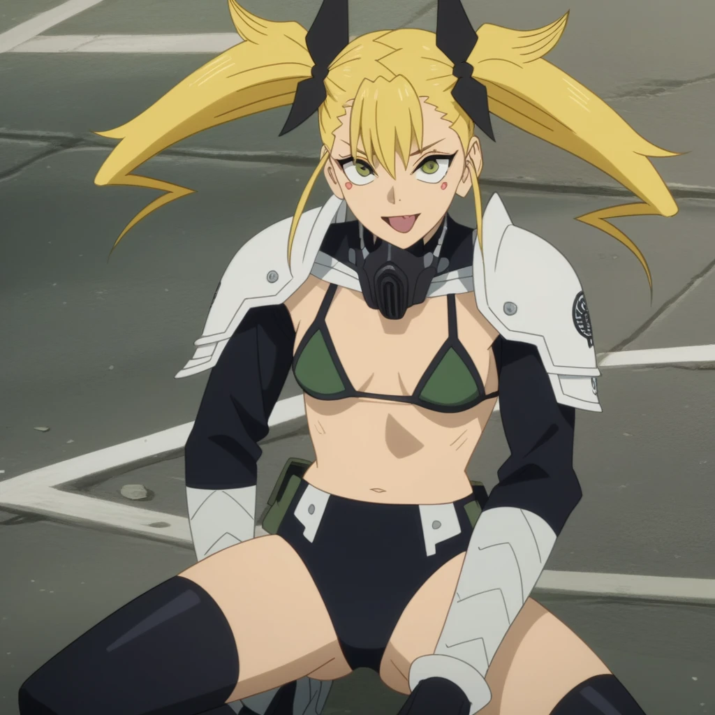 score_9, score_8_superior, score_7_superior, score_6_superior, score_5_superior, score_4_superior, sauce_anime, anime screencap, anime coloring, kikoru, One girl, Blonde, Twin tails, Green Eyes, Hair Ribbon, Black Ribbon, bangs, armor, superiorper body, smile　Spread your legs　Micro Bikini　Almost naked　Ahegao　Inviting ejaculation　Bitch