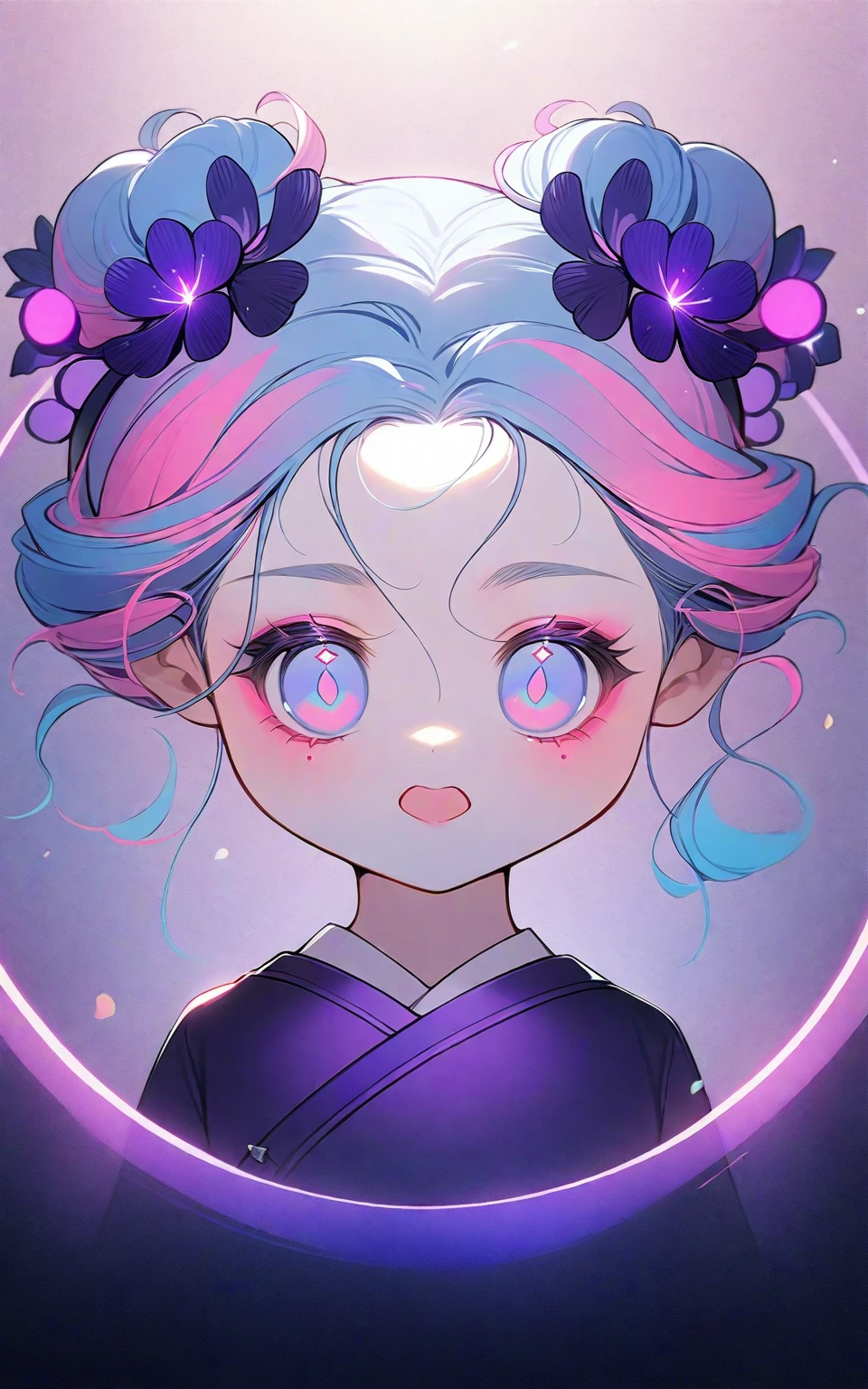 1 girl，Q version，Dark blue purple clothes，collar，Light blue hair，Pink hair accessories，Exquisite facial features，Exquisite makeup，Gentle and beautiful，Gray-blue pupils，Vibrant colors，Positive Characters，Double bun，flash，Cool feeling