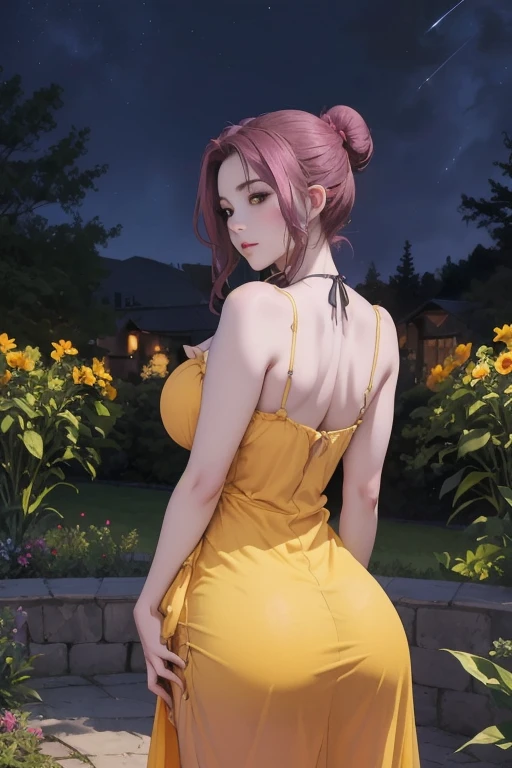 masterpiece, best quality, Horse, Black sclera, White eyes, Hair Bun, Side lock, Purple Skin, Large Breasts(((Full and soft breasts,)))（（Huge breasts））((((Cleavage)))))) (Perfect curvy figure),, From the back, (Sundress:1.5), garden, Night Sky