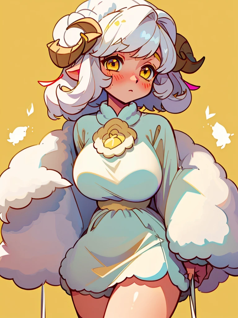 A beautiful woman with an incredible hourglass figure, very curvy, a giant frilly golden dress, very beautiful face, big beautiful lips, golden lipstick and mascara, serious expression, hair done up in a giant bun, standing in front of a bright white sky, older looking woman