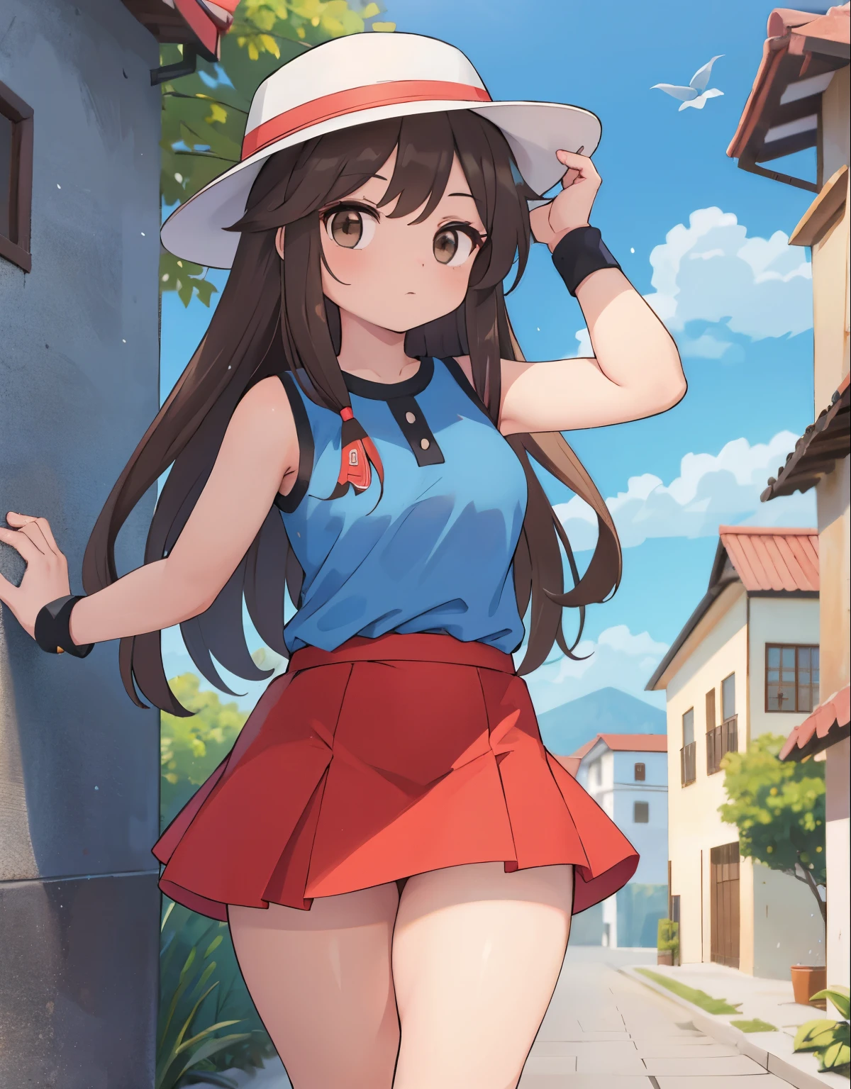 una chica de rodillas orinando en un callejon, mirando a la camara, ella esta avergonzada, 1trainerleaf1, sleeveless shirt, black wristbands, visible thighs,thick thighs,red skirt,blue shirt, brown eyes, white hat, innocent look