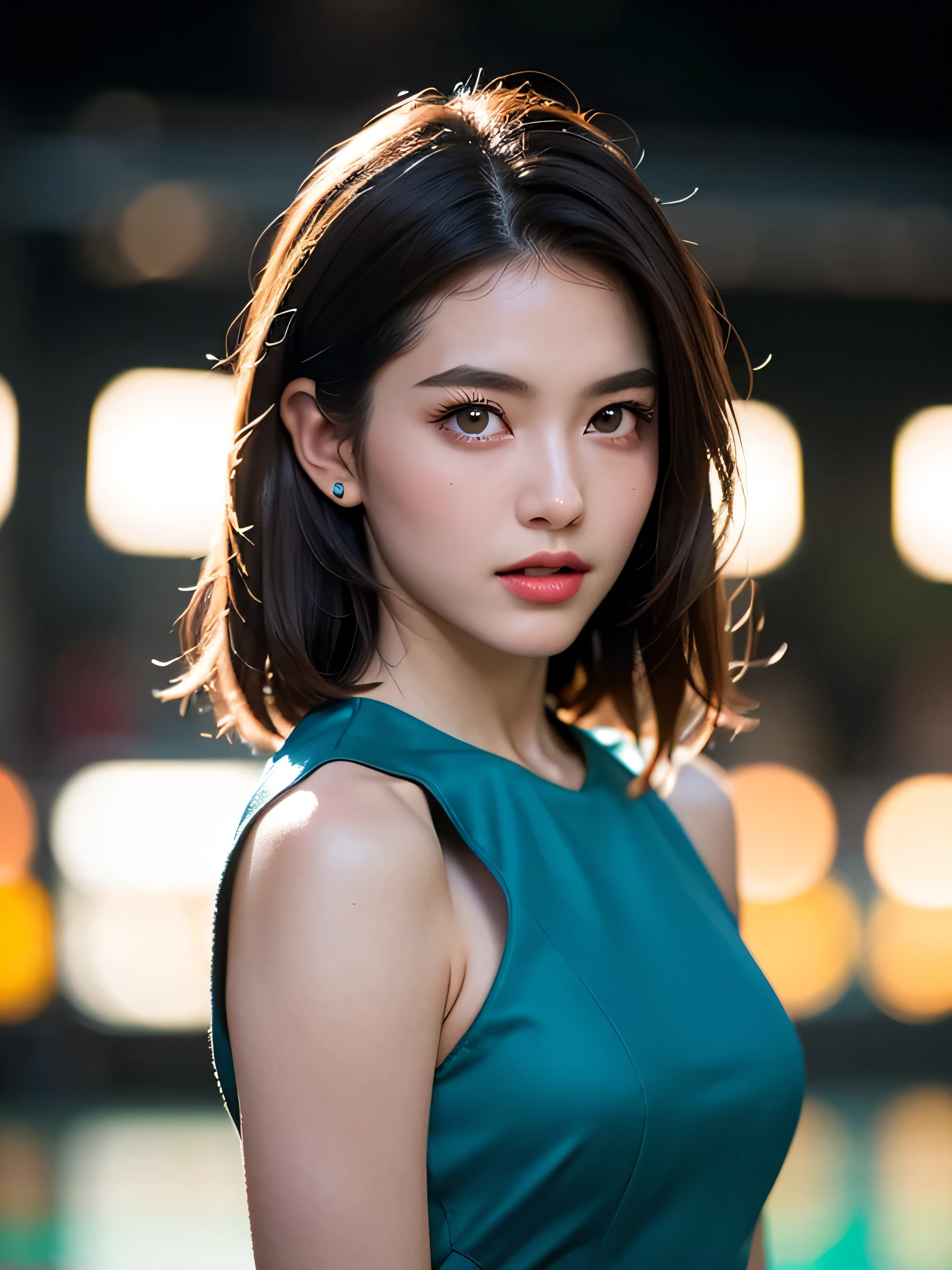 1girl,(wearing a modest dress:1.3),(RAW photo, best quality), (realistic, photo-realistic:1.4), masterpiece, an extremely delicate and beautiful, extremely detailed, 2k wallpaper, Amazing, finely detail, extremely detailed CG unity 8k wallpaper, ultra-detailed, highres, soft light, beautiful detailed girl, extremely detailed eyes and face, beautiful detailed nose, beautiful detailed eyes,cinematic lighting,city lights at night,perfect anatomy,slender body,(short black hair with green highlight:1.2)