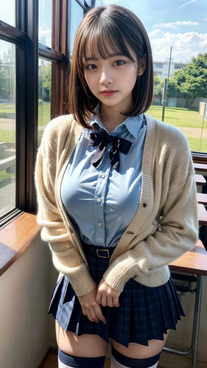Enchanting anime girl, [ 4k digital art ]!!,Ultra-realistic painting, Art with attention to detail, 8k high quality detailed art,Curvy Tanned Gal,(puppet,Thick lips:1.2),Dress shirt,cardigan,,Side details,Pleated skirt,Brown Loafers,Blonde Short Hair,(Dark Skip:1.3),loose socks,Sweaty,close,Crouch on the desk,In the classroom,(Blushed),