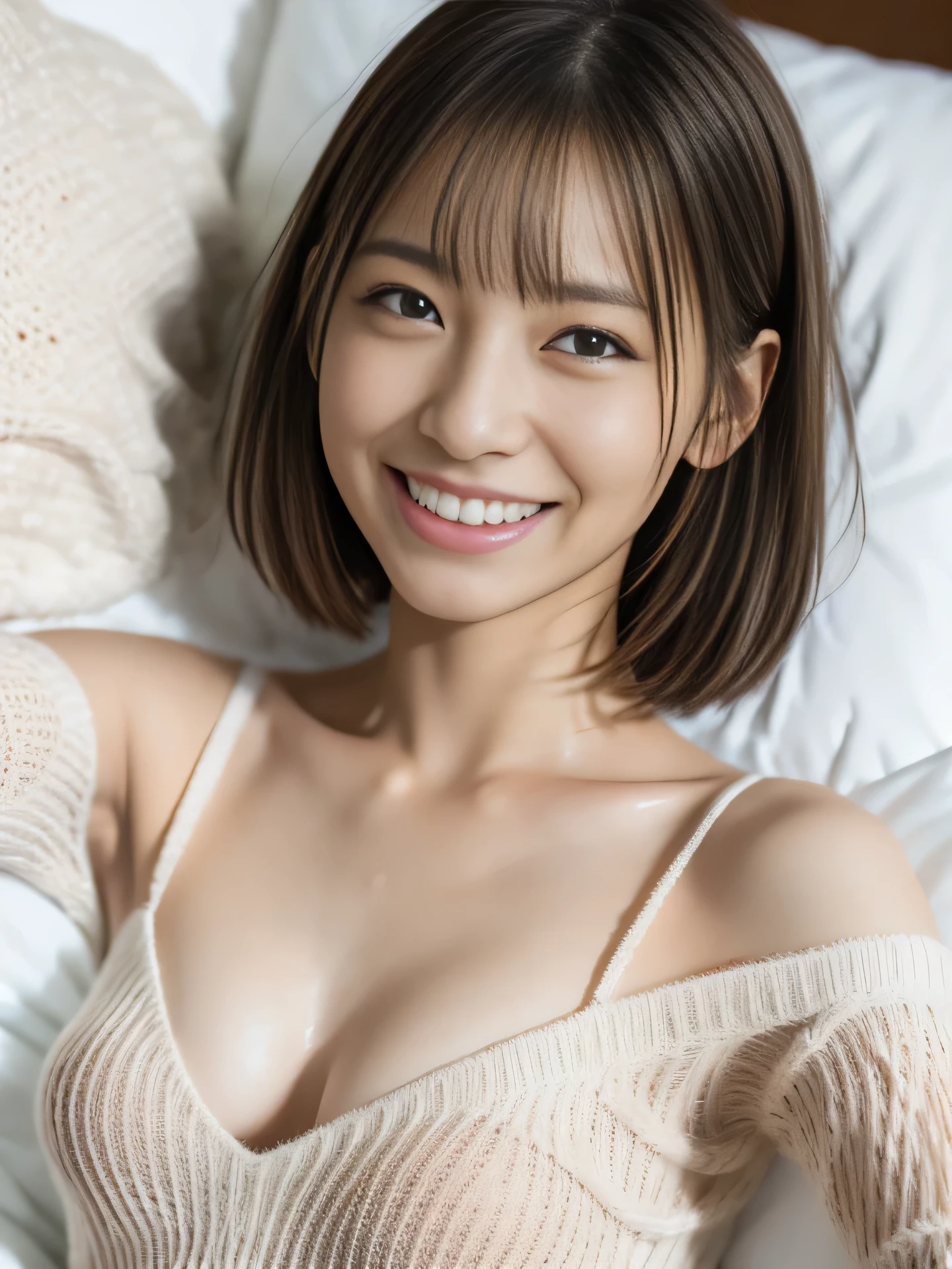 orealistic, Ultra-detailed, (best quality, 8k, 32k, masterpiece, UHD:1.2), Photo of Pretty Japanese gravure idol taken by professional photographer, bare shoulders, fishnet sweater, coarse mesh sweater, coarse weave sweater, (nipples through clothing), lying on bed, arched back, on back, (selfie:1.3), skinny, medium breasts, smile, short hair, looking at viewer, grin, upper teeth,