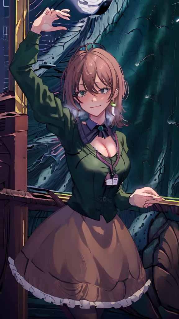 2D, masterpiece, masterpiece, Highest quality, anime, Highly detailed face, Highly detailed eyes, Highly detailed background, Perfect lighting, whole body, 1 Girl, alone, Collared shirt, Green Sweater, Black Skirt, pantyhose,Photo ID card, Embarrassing, smile, Are standing, office 、Take off、Big cleavage、 (night:1.8, Dark Room, 深nightの灯りが消えたOffice:1.8)