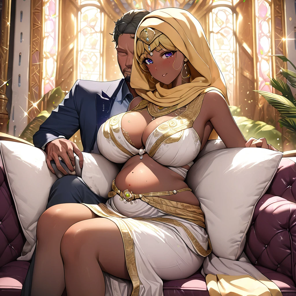 ((Highest quality)), ((masterpiece)), (detailed), （Perfect Face）、The woman is an Egyptian named Tsukino Usagi with vivid brown skin. She is wearing a gorgeous and glittering Egyptian traditional wedding dress with gold embroidery in an Egyptian church, a gorgeous hijab, gorgeous jeweled accessories and an engagement ring. The woman and the man are sitting on a luxurious and large sofa in a luxurious room, and the woman is being held in the arms of a dignified and strong Egyptian middle-aged man with a beard.、The woman is the elegant Tsukino Usagi, with long blonde hair in a chignon twin tail. The woman is an Egyptian with vivid brown skin and dressed in an Egyptian wedding costume.、（The woman is the dark-skinned Egyptian Tsukino Usagi.）、the woman is pregnant