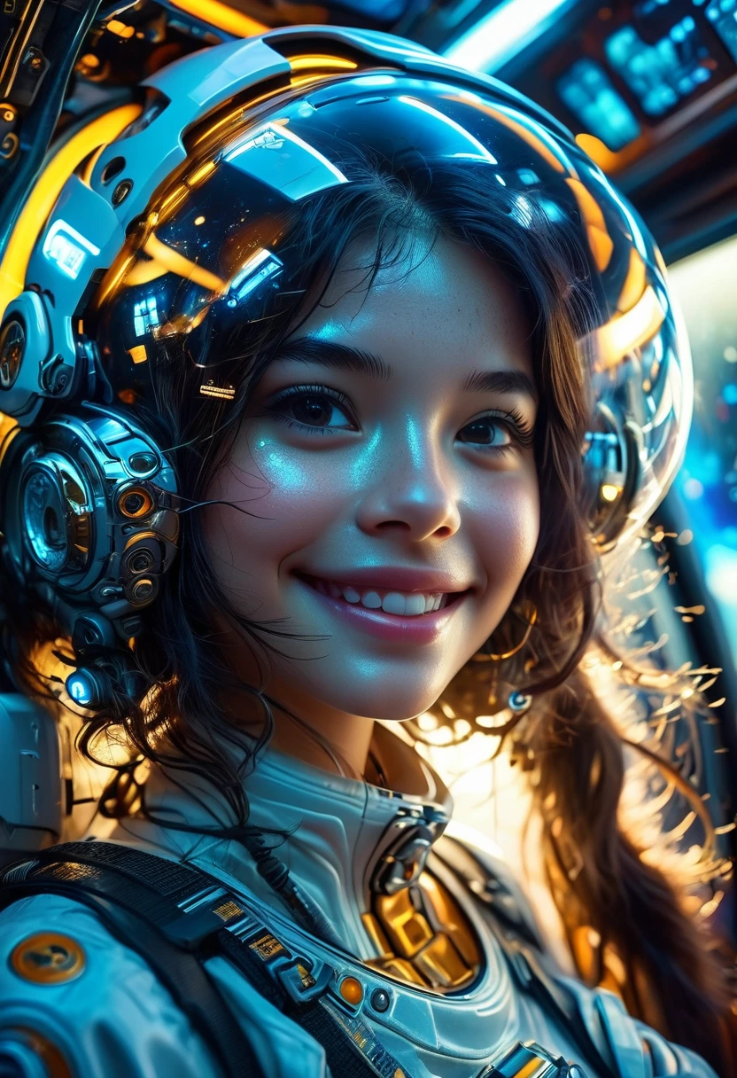 Future astronauts in space capsule, capacete de vidro，Beautiful face，Sweet smile，high tech，control Panel, high tech内饰, Metal and glass materials, Atmospheric lighting, Dramatic composition, Intricate details, Reality, Concept art style