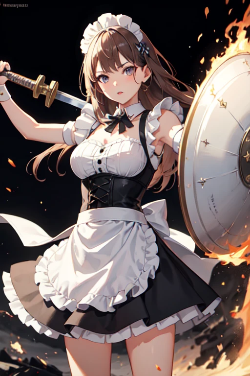 ((Highest quality)), ((masterpiece)), ((detailed)), One girl, cute, 
Fighting with a sword and shield, Classic maid outfit, 
The skirt is long, Burning Battlefield, Western sword, A strong enemy in front of me, The clothes are dirty, My whole body is torn apart, 