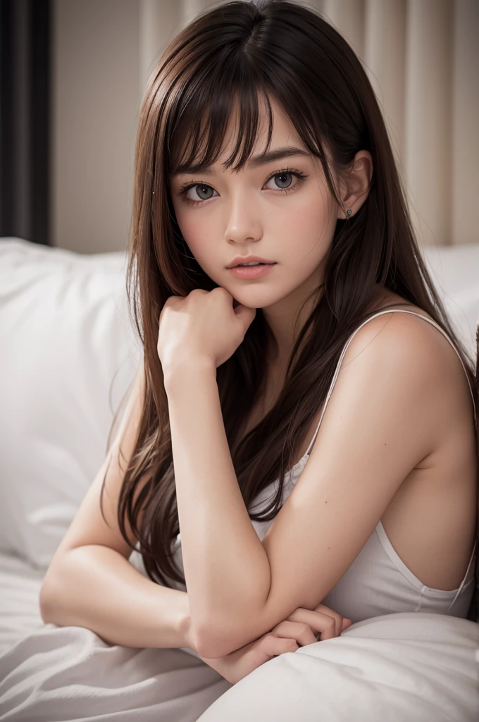 A beautiful japanese woman wearing white tanktop ,cowgirl shot, white background, flat chest, on bed, 35mm lens, f/1, (best quality, 4k, 8k, highres, masterpiece:1.2), ultra-detailed, (realistic, photorealistic, photo-realistic:1.37), extremely detailed eyes and face, longeyelashes, beautiful detailed eyes, beautiful detailed lips,fromside