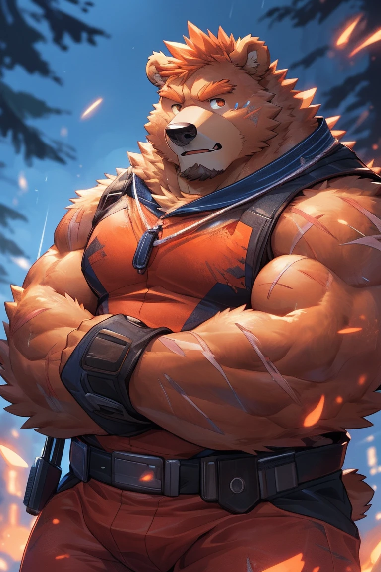 human nature, Wildlife, male,36 years old，Uncle， solitary, ((Round Face, The face is plump,Orange eyes,Thick orange hair，With scars)), ((Endomorph, Handsome，Hot Blood)), （Mecha suit，No electricity，exhaustion), ((domestic 熊, Bear Orc，) Fluffy fur, Fluffy), Bokeh, (high quality, high resolution, masterpiece), (Dynamic Lighting, Vibrant colors), (Revitalize，harm，Disdain), Full body picture (close up), cartoon, author：Takemoto Arashi, From zixiong, By Chunni, author：Empty Ghost，（background：Rainy forest）