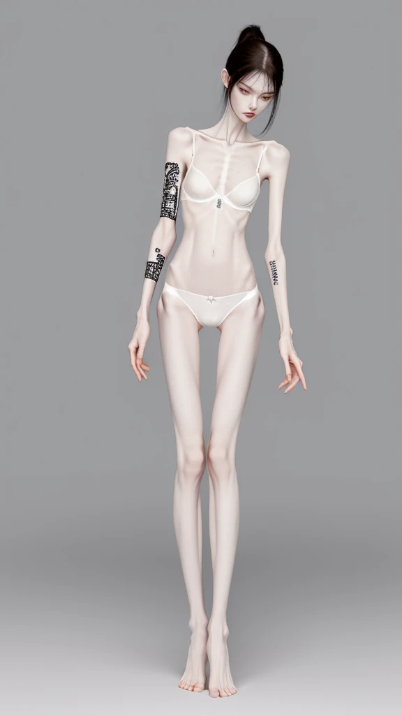 a woman, very thin body, body visible bones, very slender , sweaty weat body, pale white skin,tatto, full body